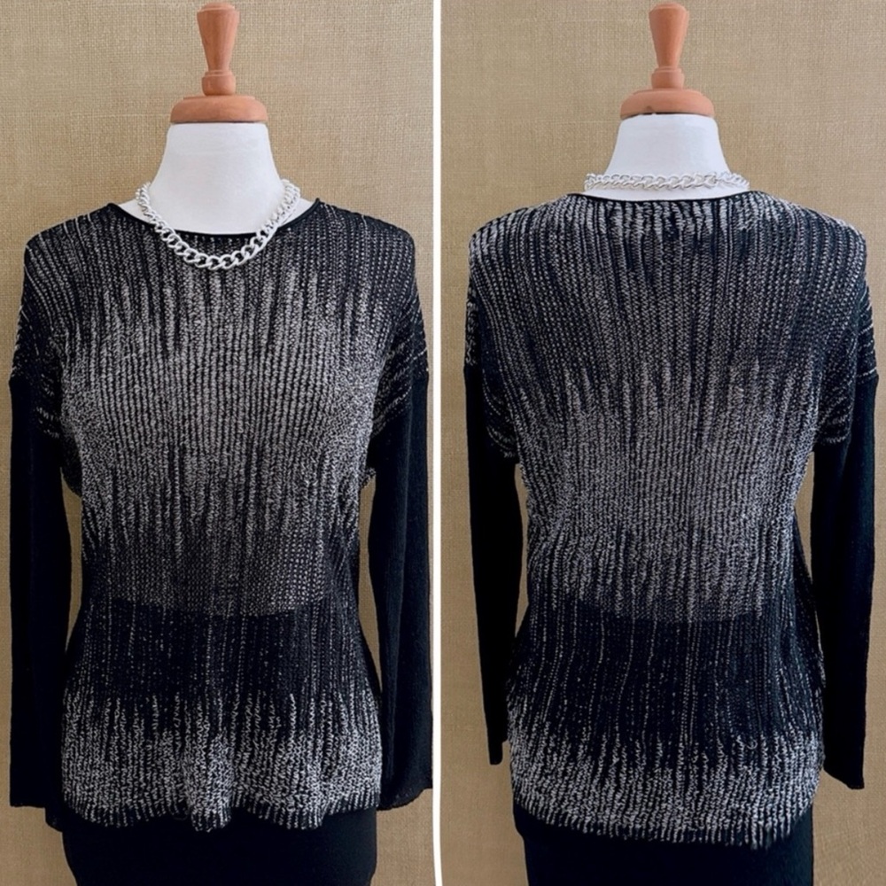 Eileen Fisher Wool Linen Sweater Knit Semi Sheer Modern Chic Black Luxe Medium - Picture 11 of 11